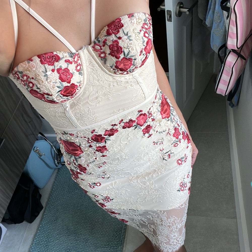 bebe Floral Embroidered Midi Dress - Red and Cream